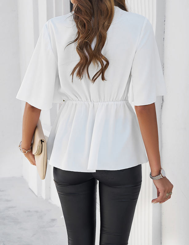 White Solid Color V Neck Knot Waist Tunic Blouse
