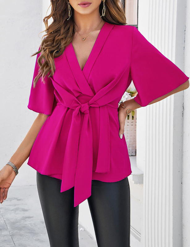 Rosy Solid Color V Neck Knot Waist Tunic Blouse