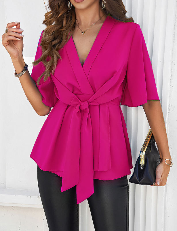 Rosy Solid Color V Neck Knot Waist Tunic Blouse