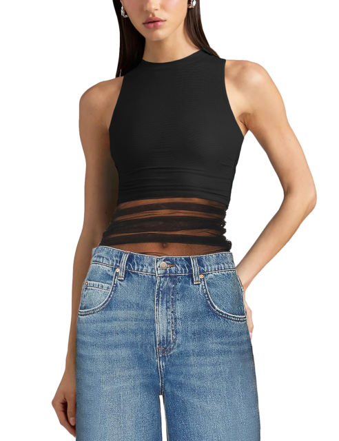 Black Mock Neck Spliced Mesh Pleated Tank Top