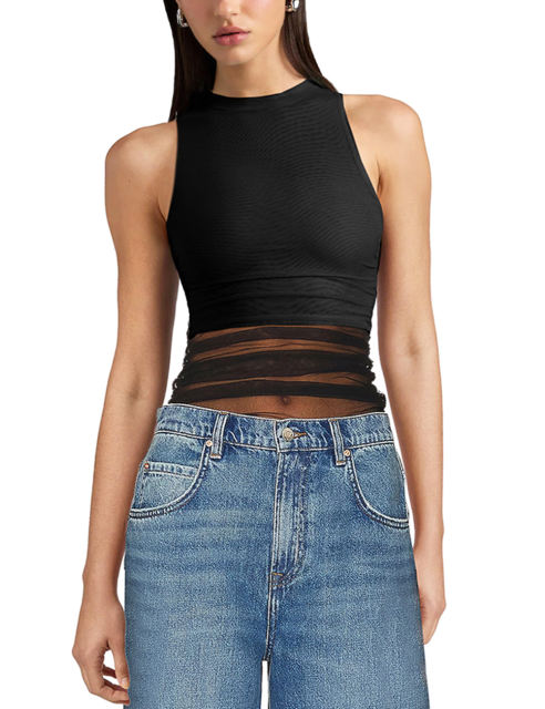 Black Mock Neck Spliced Mesh Pleated Tank Top