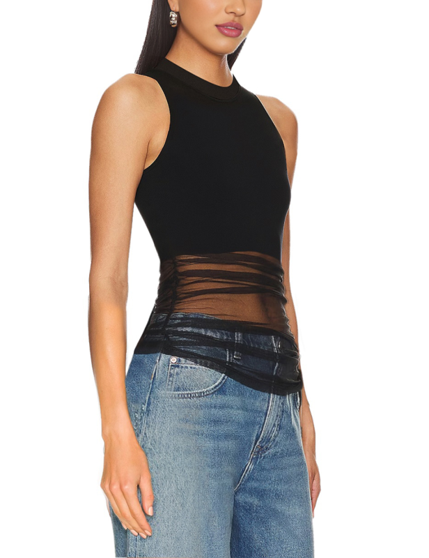 Black Mock Neck Spliced Mesh Pleated Tank Top