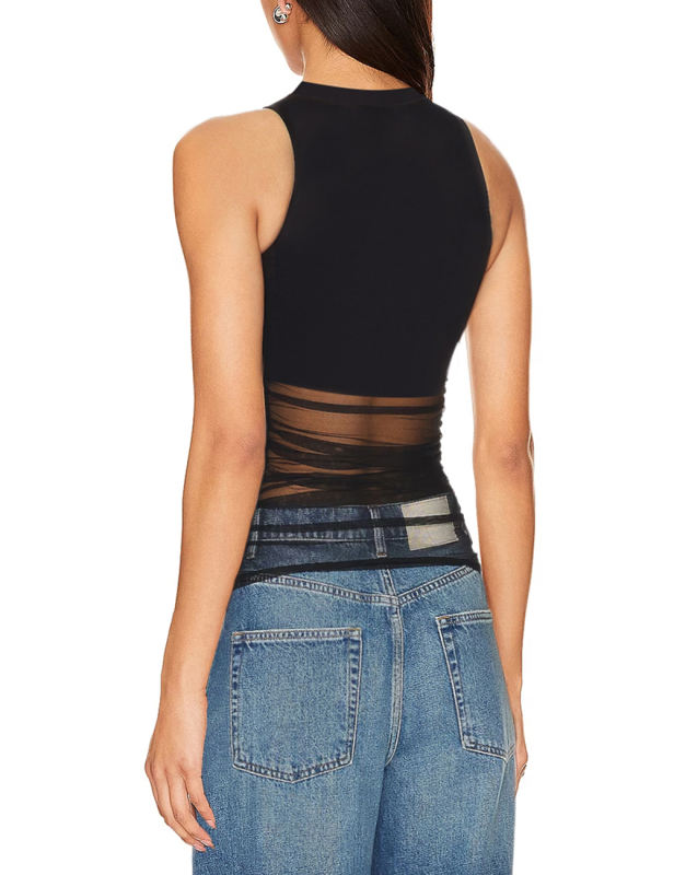 Black Mock Neck Spliced Mesh Pleated Tank Top