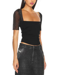 Black Square Neck Mesh Short Sleeve Top