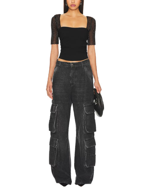 Black Square Neck Mesh Short Sleeve Top