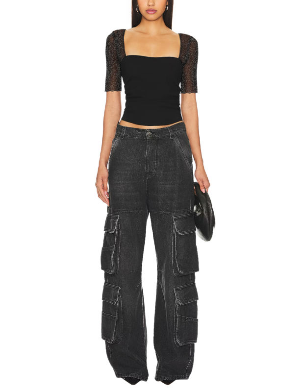 Black Square Neck Mesh Short Sleeve Top