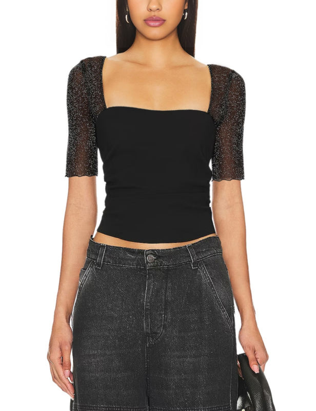 Black Square Neck Mesh Short Sleeve Top