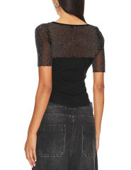 Black Square Neck Mesh Short Sleeve Top