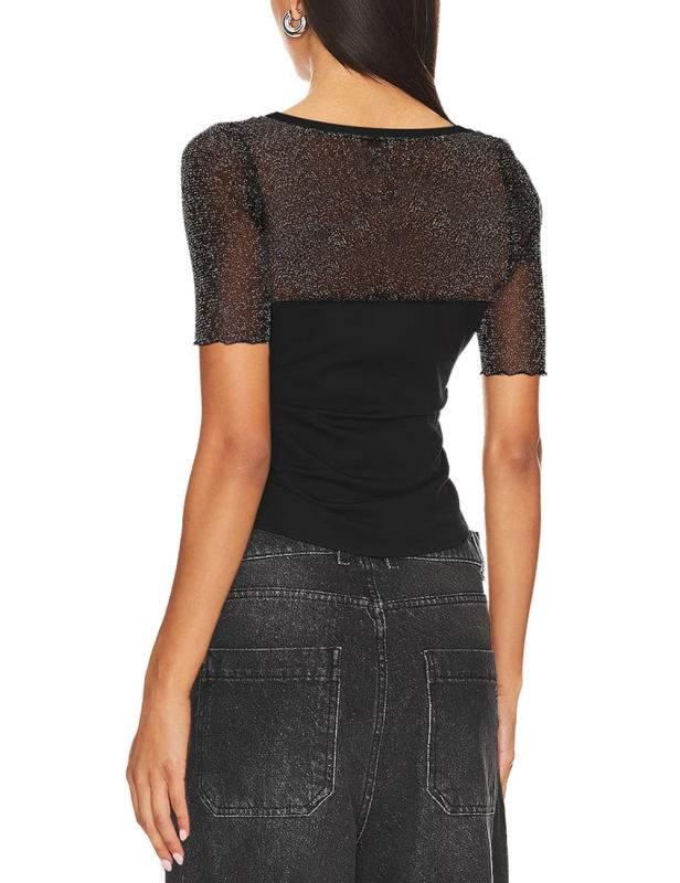 Black Square Neck Mesh Short Sleeve Top