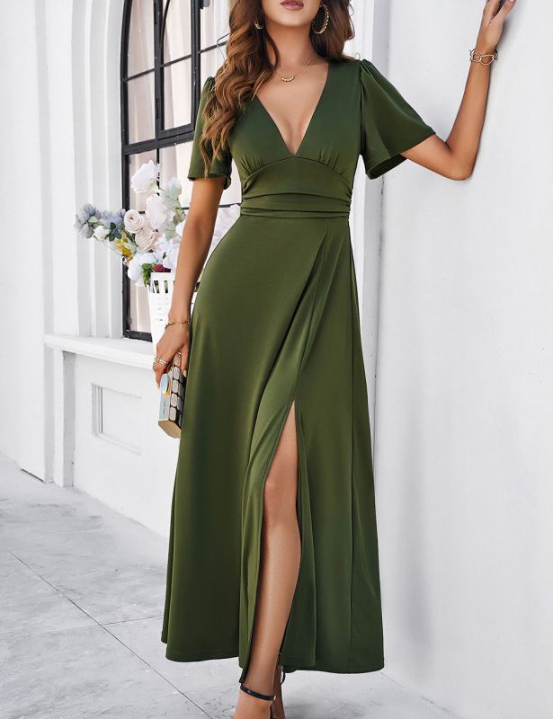 Army Green V Neck Slim Fit Maxi Dress with Slit