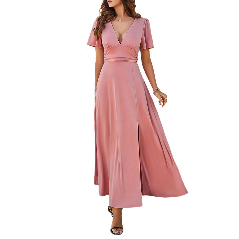 Pink V Neck Slim Fit Maxi Dress with Slit