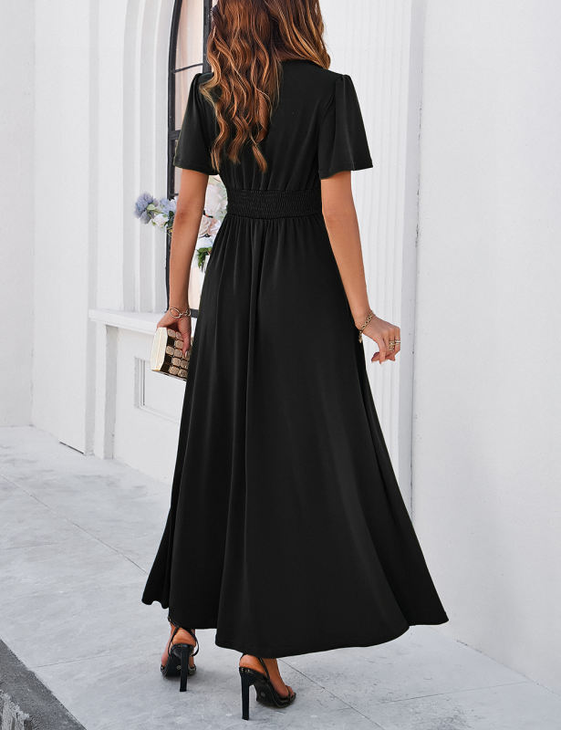 Black V Neck Slim Fit Maxi Dress with Slit