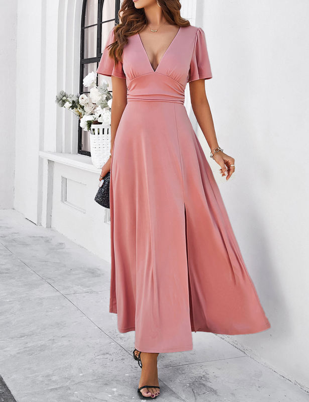 Pink V Neck Slim Fit Maxi Dress with Slit
