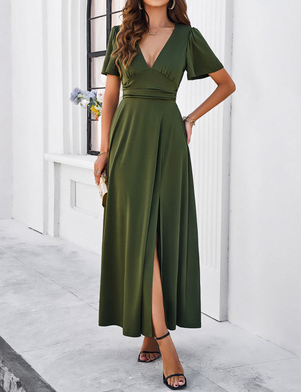 Army Green V Neck Slim Fit Maxi Dress with Slit