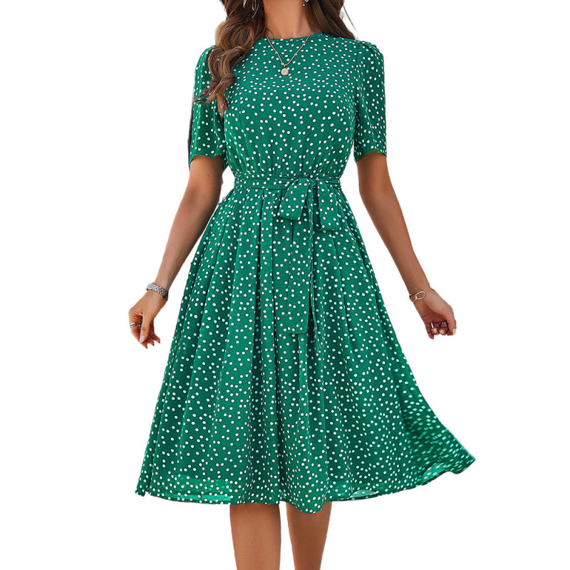 Green Polka Dot Print Tie Waist Casual Dress