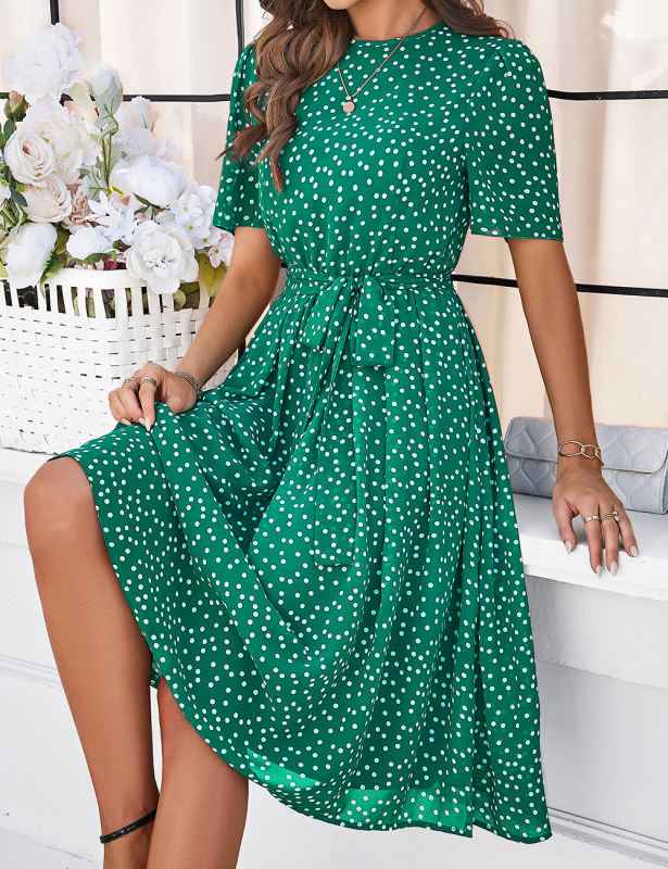Green Polka Dot Print Tie Waist Casual Dress