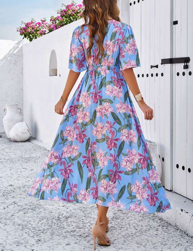 Blue V Neck Button Down Split Floral Dress