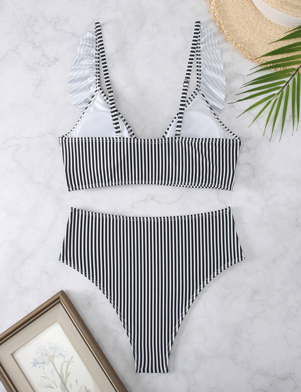 Black White Stripe Ruffle V Neck Bikini Swimsuit