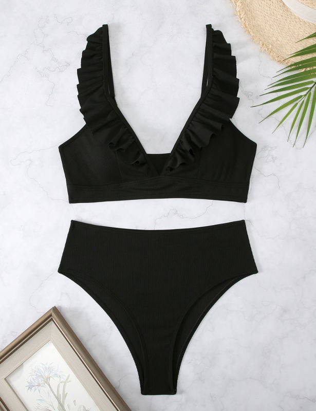 Black Solid Color Ruffle V Neck Bikini Swimsuit