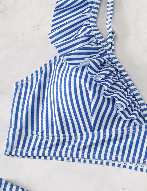 Blue Stripe Ruffle V Neck Bikini Swimsuit