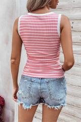 Pink Stripe Contrast Round Neck Sleeveless Slim Top