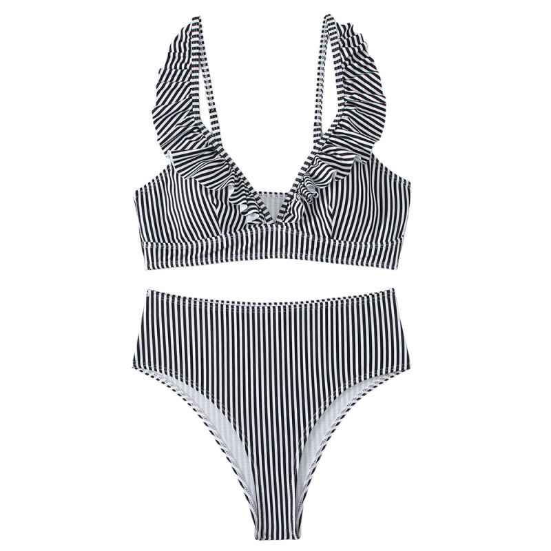 Black White Stripe Ruffle V Neck Bikini Swimsuit