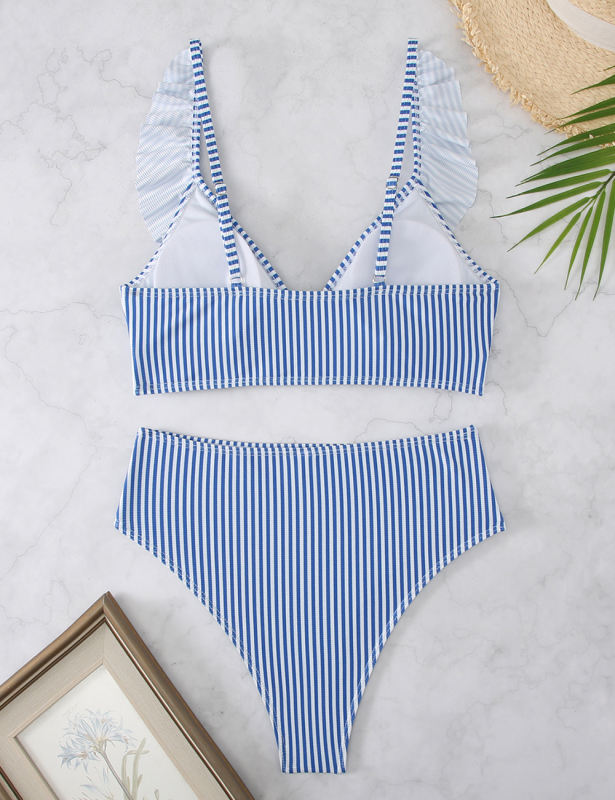 Blue Stripe Ruffle V Neck Bikini Swimsuit