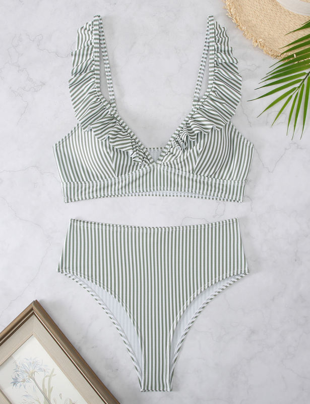 Light Green Stripe Ruffle V Neck Bikini Swimsuit