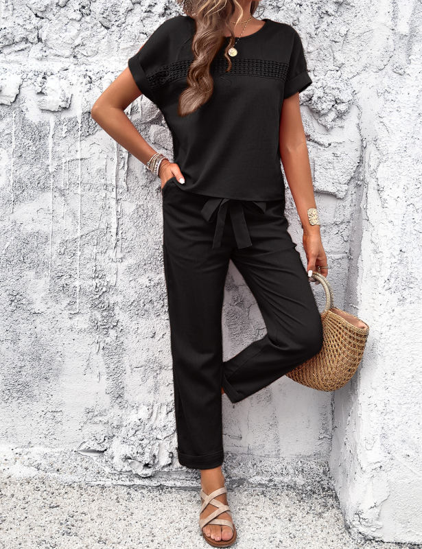 Black Round Neck Short Sleeve Top and Pant Set