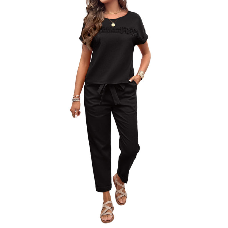 Black Round Neck Short Sleeve Top and Pant Set
