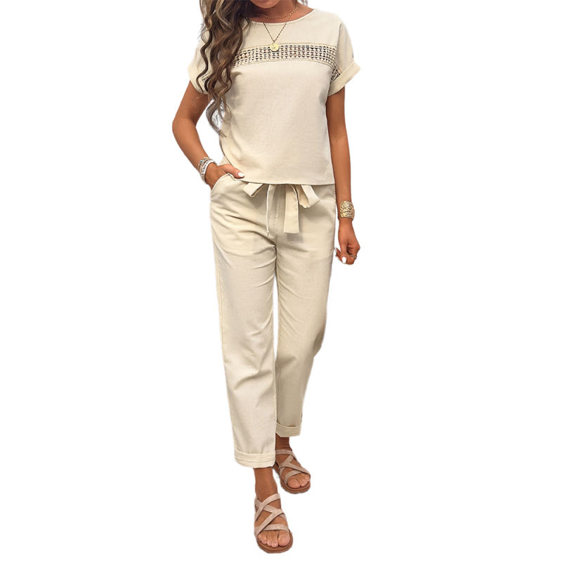 Apricot Round Neck Short Sleeve Top and Pant Set