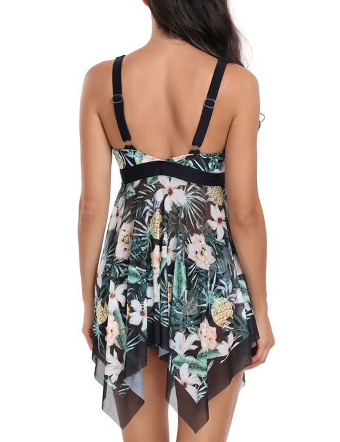Black Floral Print Handkerchief Hem Tankini Set