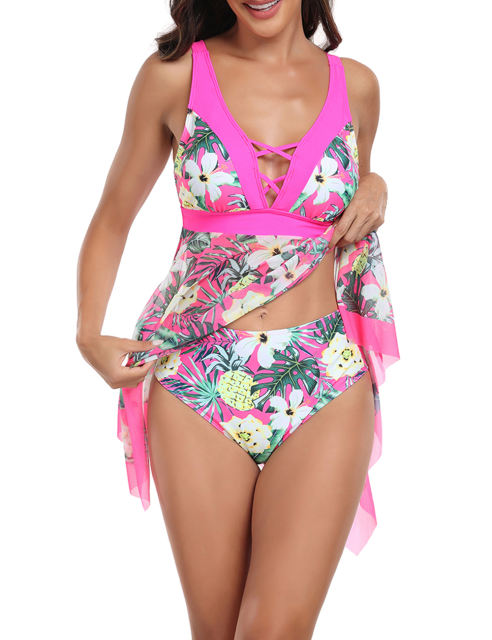 Rosy Floral Print Handkerchief Hem Tankini Set