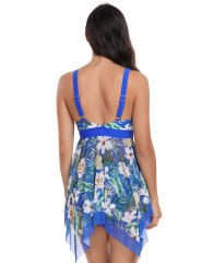 Royal Blue Floral Print Handkerchief Hem Tankini Set