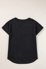 Black Textured Wide Sleeve V Neck T Shirt