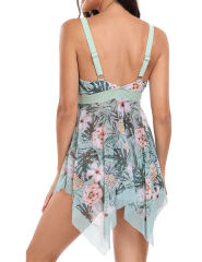 Pea Green Floral Print Handkerchief Hem Tankini Set