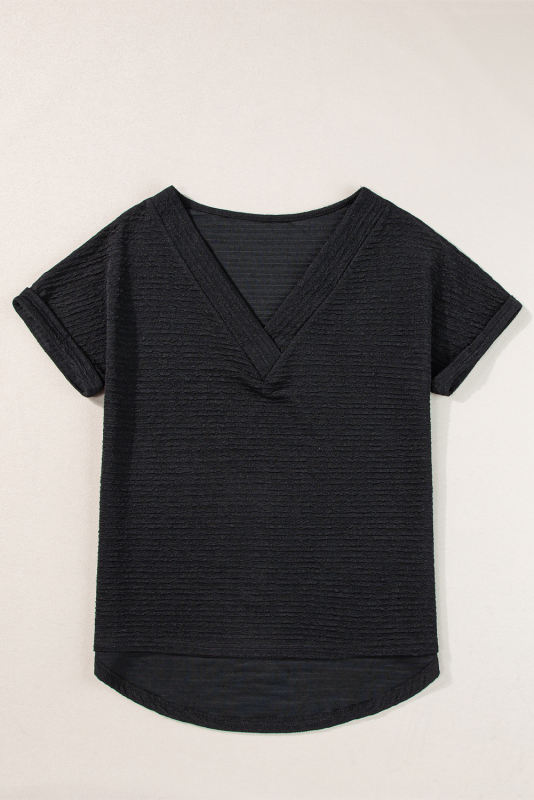Black Textured Wide Sleeve V Neck T Shirt