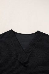 Black Textured Wide Sleeve V Neck T Shirt