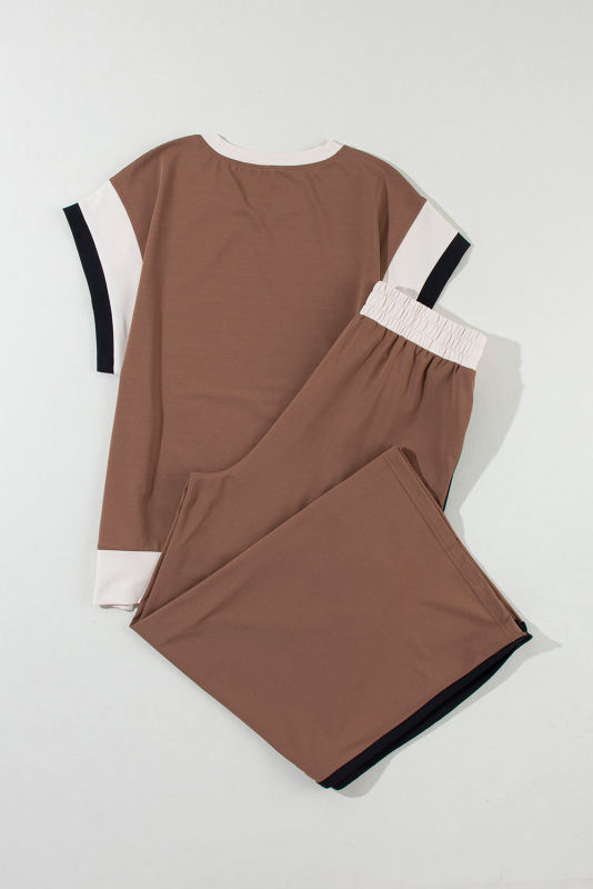 Chestnut Color Block Detail Casual Two-piece Outfit
