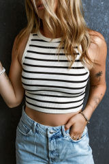 Apricot Stripe Round Neck Cropped Slim Tank Top