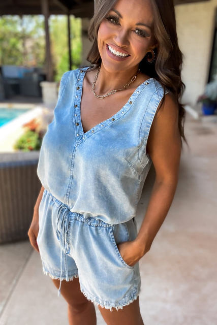 Beau Blue Studded V Neck Raw Hem Sleeveless Denim Rompe