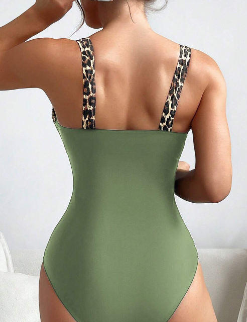 Green Leopard Patchwork One Piece Swimsuit