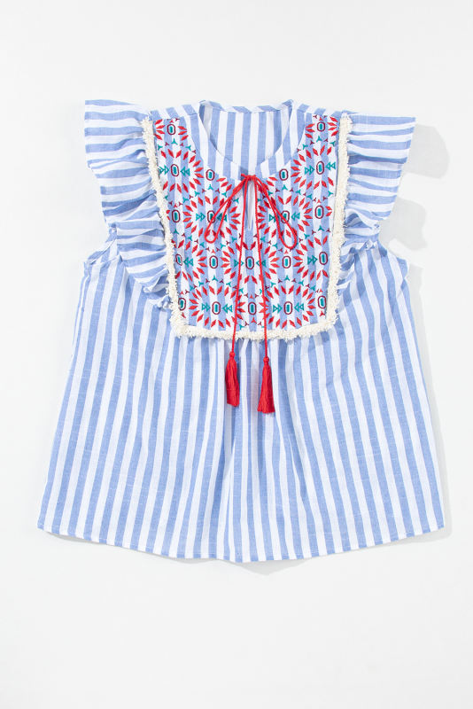 Sky Blue Stripe Geo Pattern Embroidered Tassel Flutter Blouse