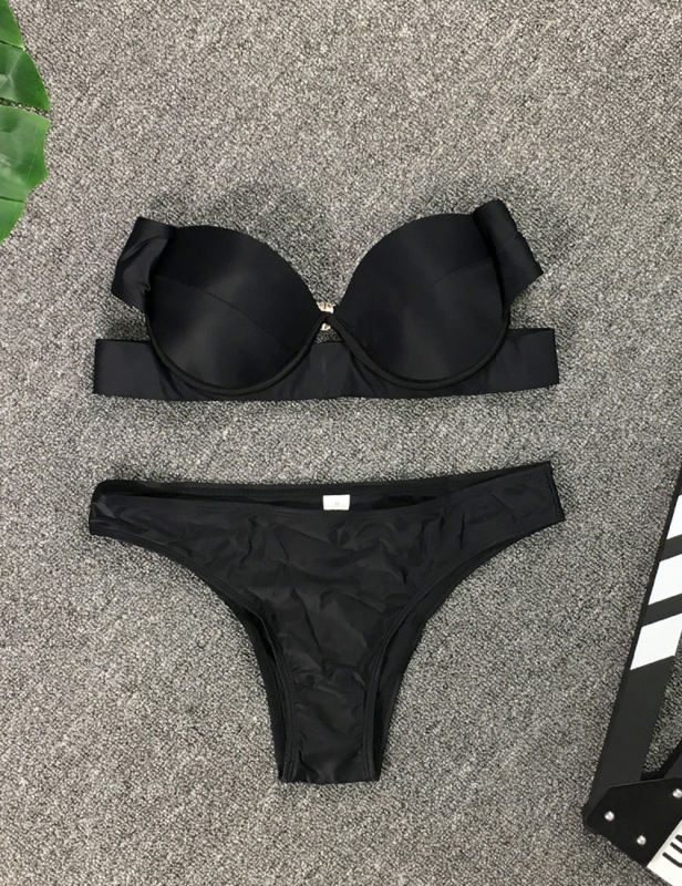 Black Strapless Push-up Swimsuit 2pcs Bikini Set