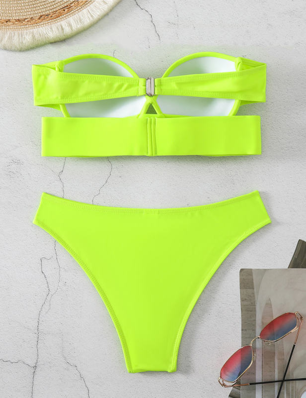 Fluorescent Green Strapless Push-up Swimsuit 2pcs Bikini Set