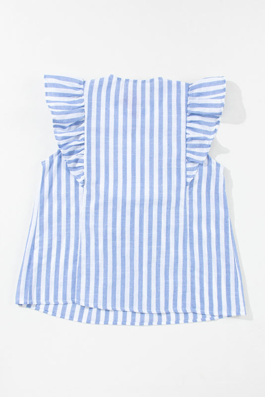 Sky Blue Stripe Geo Pattern Embroidered Tassel Flutter Blouse