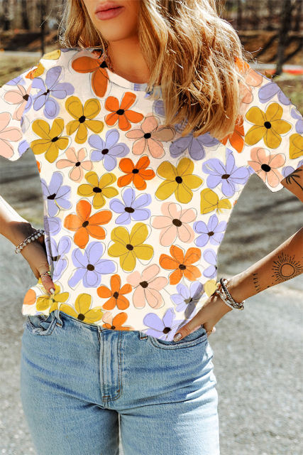 Orange Summer Flower Print Casual Round Neck T Shirt