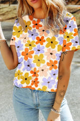 Orange Summer Flower Print Casual Round Neck T Shirt