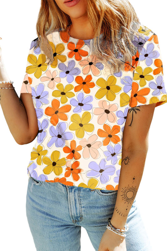 Orange Summer Flower Print Casual Round Neck T Shirt