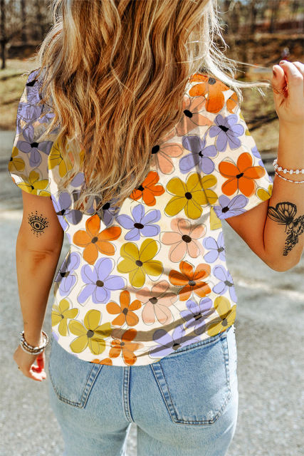Orange Summer Flower Print Casual Round Neck T Shirt